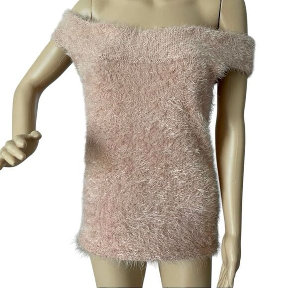 Guess Off The Shoulder Fuzzy Fitted Blouse  Blush Pink Size XL - Picture 1 of 16